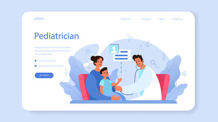 Pediatrician web banner or landing page. Doctor examining a child