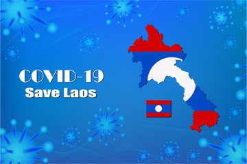 Obraz na płótnie Canvas Save Laos for stop virus sign. Covid-19 virus cells or corona virus and bacteria close up isolated on blue background,Poster Advertisement Flyers Vector Illustration.