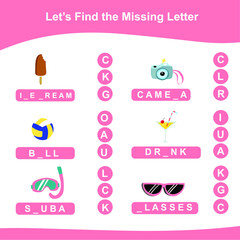 Obraz na płótnie Canvas Summer game finds the missing letter game for Preschool Children. Missing letters game and write them in the appropriate places. Educational spelling printable game worksheet. Additional puzzle.