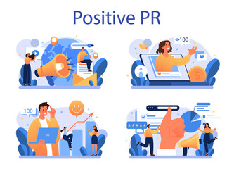 Positive public relations concept set. Successful brand advertising,