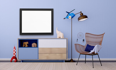 Blue children's room with toys, spaceship, chair and empty frame