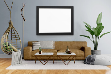 Modern living room with a hanging chair and leather couch with empty frame