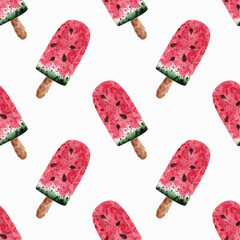 seamless watercolor pattern for printing on fabrics, packaging, wallpaper, baby clothes, souvenirs. popsicles on a white background. hand drawing watermelon ice cream