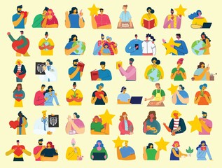 Fototapeta premium Set of people, men and women with different things. Vector graphic objects for collages and illustrations.