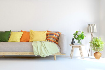 Colorful mockup of living room with sofa. Scandinavian interior design. 3D illustration