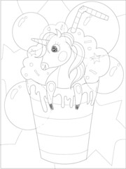 Beautiful unicorn Coloring page. Black and white vector illustration for coloring book