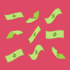 Cartoon falling money. Falling money set. Falling green banknotes for your animation and design. Flat style. Vector