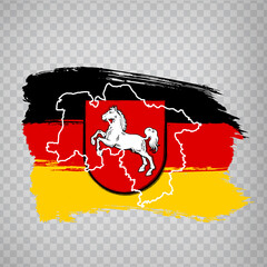 Flag of  Lower Saxony from brush strokes.   High quality map of  Lower Saxony and flag for your web site design, app  on transparent background. Germany. EPS10. - obrazy, fototapety, plakaty