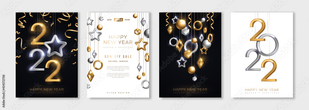 Wall mural christmas and new year posters set with hanging gold and silver 3d baubles and 2022 numbers. vector 