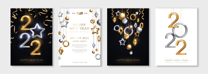 Fototapeta na wymiar Christmas and New Year posters set with hanging gold and silver 3d baubles and 2022 numbers. Vector illustration. Winter holiday invitations with geometric decorations