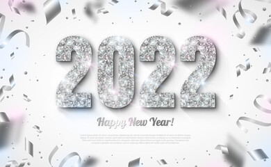 Happy New Year Banner with Silver 2022 Numbers on Bright Background with Flying Confetti and Streamers. Vector illustration. Place for text. Poster card template