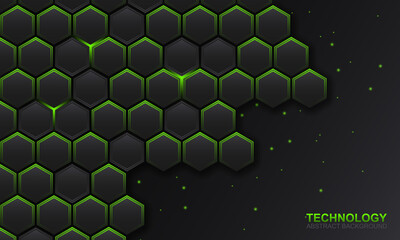Dark hexagonal technology with green light lines background. Abstract background.
