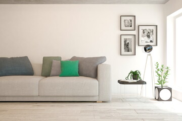 Fototapeta premium Soft color living room with sofa. Scandinavian interior design. 3D illustration