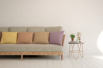 Mockup poster of living room with sofa. Scandinavian interior design. 3D illustration