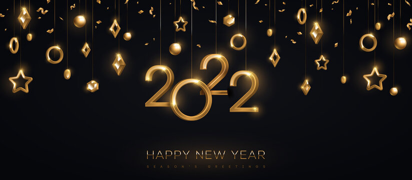 2022 gold numbers with stars and baubles hanging on black background. Vector illustration. Minimal invitation design for Christmas and New Year. Winter holiday decorations