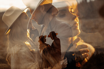 Double exposure of stylish couple standing in the field, gently hugging. Beautiful woman with handsome man in cowboy hats enjoying moments together, having a photoshoot, wedding day concept