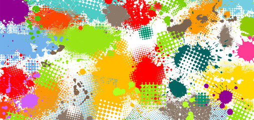The background is made of multicolored paint stains. Horizontal rainbow background. Vector illustration