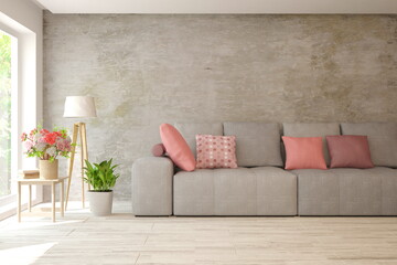 Soft color mockup living room with sofa, concrete wall ant pink vase on a wooden table. Scandinavian interior design. 3D illustration