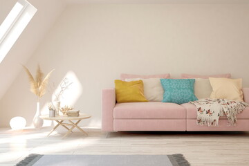 Soft color living room with sofa, table and vase. Scandinavian interior design. 3D illustration