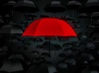 Distinction or Leadership, being different  concept background. Red umbrella stand out from mass of black umbrellas. 3D Render