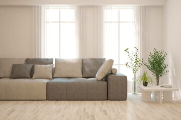 White living room with sofa. Scandinavian interior design. 3D illustration