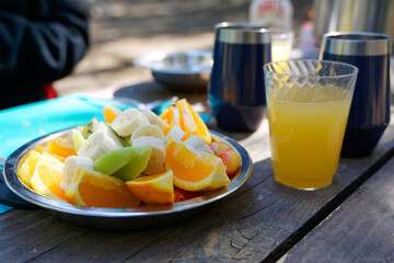 Fruits for breakfast at campsite 
