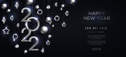 Christmas and New Year banner with hanging silver 3d baubles and 2022 numbers on black background. Vector illustration. Winter holiday geometric decorations. Place for text. Poster card template