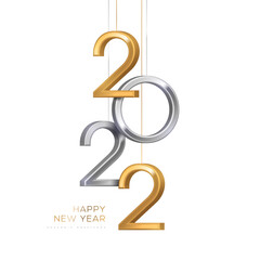 2022 silver and gold numbers hanging on white background. Vector illustration. Minimal invitation design for Christmas and New Year.