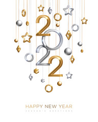 Fototapeta na wymiar Christmas and New Year poster template with hanging gold and silver 3d baubles and 2022 numbers on white background. Vector illustration. Winter holiday geometric decorations, place for text