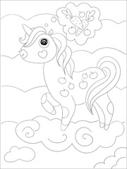 Beautiful unicorn Coloring page. Black and white vector illustration for coloring book
