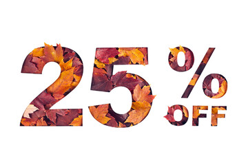 Paper cut 25 percent off text filled with texture of yellow and red autumn fall maple leaves...