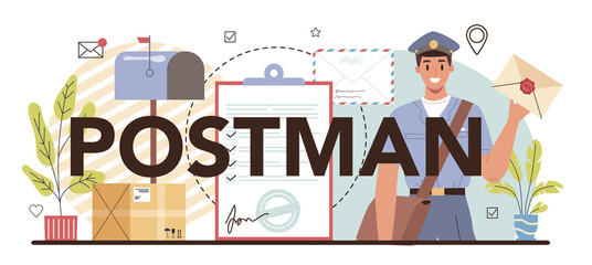Postman typographic header. Post office staff providing mail service,