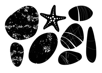 Black and white Beach pebbles, starfish set. Various shapes. Modern illustration in vector. Different shapes and textures. Various forms of sea rock pebbles isolated on white background. Silhouettes