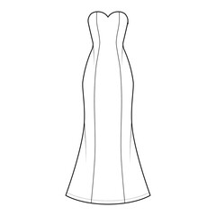 Dress trumpet technical fashion illustration with strapless sweetheart neckline, fitted body, floor maxi length circular skirt. Flat evening apparel front, white color style. Women, unisex CAD mockup