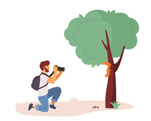Vector illustration of rest in the city park. Young man photographing a squirrel on a tree. Outdoor activities. Vector illustration