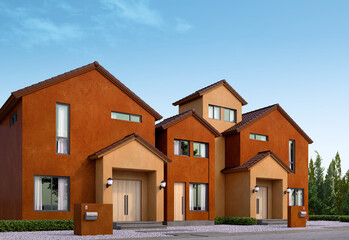 Suburban street with row of house.Gable roof house.3d rendering of residential building