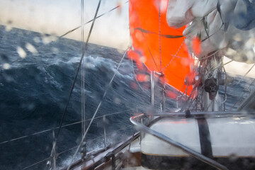 sailing yacht in heavy weather with storm and rain , sailing with yellow Storm jib