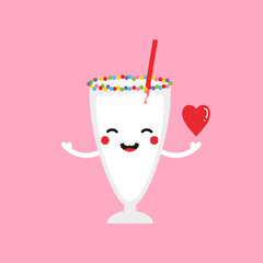 Cute smiling cartoon style vanilla milkshake glass character holding the red heart in hand, symbol of love and appreciation.
