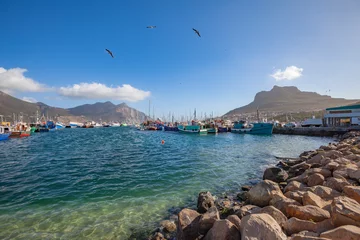 Fototapeten panaramic view on Hout Bay, the southern Harbor of Cape Town, with characteristic table cloth clouds rolling over the mountains,South Africa, landscape  © Uwe