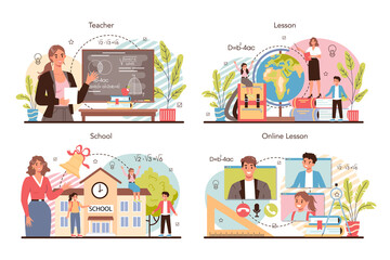 Obraz na płótnie Canvas Teacher concept set. Professor giving a lesson in a classroom.