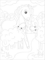Obraz na płótnie Canvas Beautiful unicorn Coloring page. Black and white vector illustration for coloring book