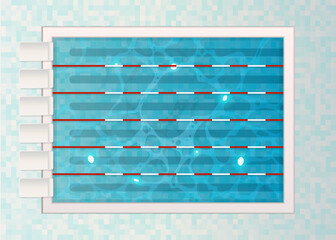 Swimming lanes with tranplines in the pool, top view. Blue water in the sports pool. Vector illustration.