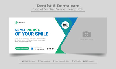 Dentist and dental care facebook cover and web banner template with gradient color - obrazy, fototapety, plakaty