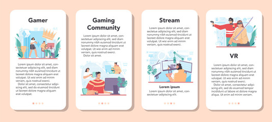 Gamer mobile application banner set. Person play on the computer video game