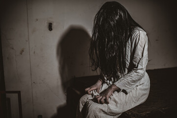 Portrait of asian woman make up ghost,Scary horror scene for background,Halloween festival...