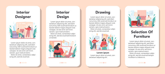 Interior designer mobile application banner set. Decorator planning the design