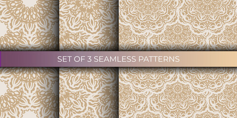 Set of beige seamless pattern with decorative ornaments. Good for clothing and textiles. Vector illustration.