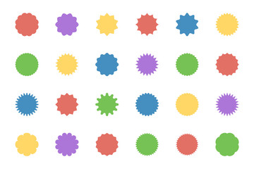 Starburst promo stickers sale. A set of various shapes of retro stars. Vector price tag, quality sign blank. Round wavy sun signs