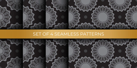 Set of black-gray seamless patterns with luxury decorative ornaments. Good for murals, textiles, and printing. Vector illustration.