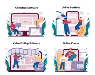 Motion or video designer online service or platform set. Artist create